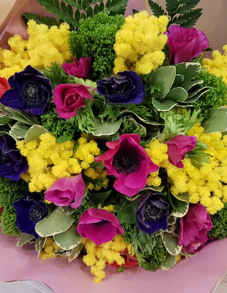 Bouquet di anemoni colorati e mimosa.